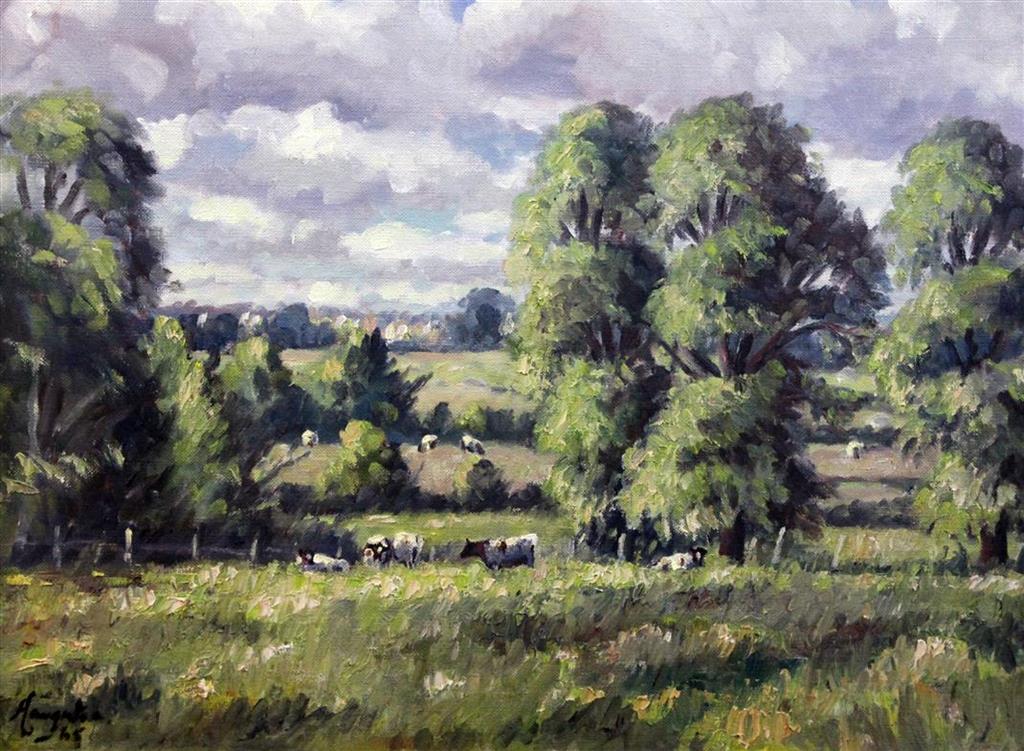 Keith Hargaton, oil on canvas, Cattle in a landscape, signed and dated 65, 44 x 59cm